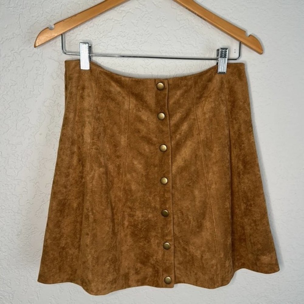 Honey Punch Faux Suede Mini Skirt Front Snap Camel Brown